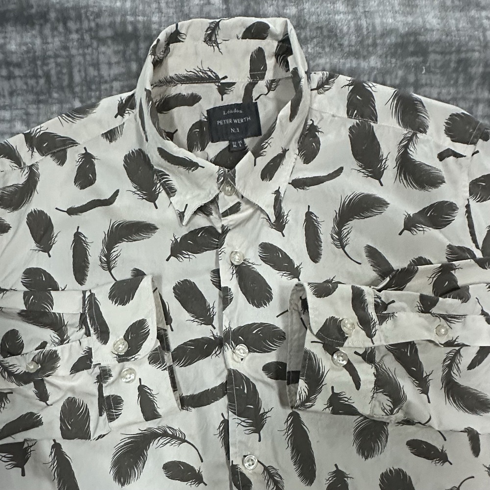Peter Werth Button Down Shirt Feather Print Size L Mens Gray‎ White Long Sleeve